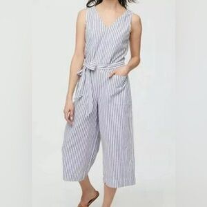 BeachLunchLounge Womens Lennon White Blue Linen-Blend Striped V-Neck Jumpsuit